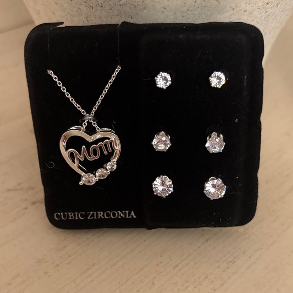 Cubic Zirconia 'Mom' Necklace and Earring Set - Silver - Picture 1 of 3